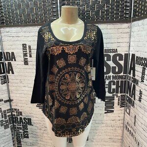 Lucky Brand Black Metallic Bronze Foil Print Scoop Neck 3/4 Sleeve Top